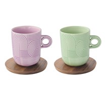 Set 2 Mug 350ml (viola/verde) con piattino in acacia TAKE A LOOP