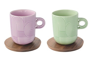 Set 2 Mug 350ml (viola/verde) con piattino in acacia TAKE A LOOP