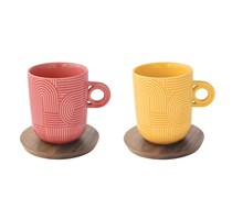 Set 2 Mug 350ml (rosso/giallo) con piattino in acacia TAKE A LOOP