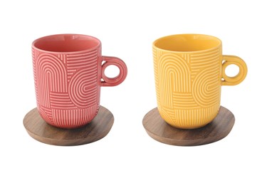 Set 2 Mug 350ml (rosso/giallo) con piattino in acacia TAKE A LOOP