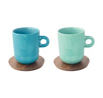 Set 2 Mug 350ml (azzurro/verde) con piattino in acacia TAKE A LOOP