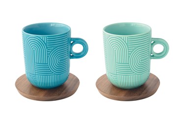 Set 2 Mug 350ml (azzurro/verde) con piattino in acacia TAKE A LOOP