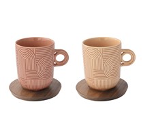 Set 2 Mug 350ml (arancio/salmone) con piattino in acacia TAKE A LOOP