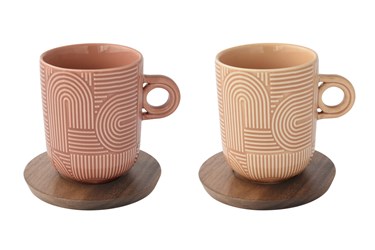 Set 2 Mug 350ml (arancio/salmone) con piattino in acacia TAKE A LOOP